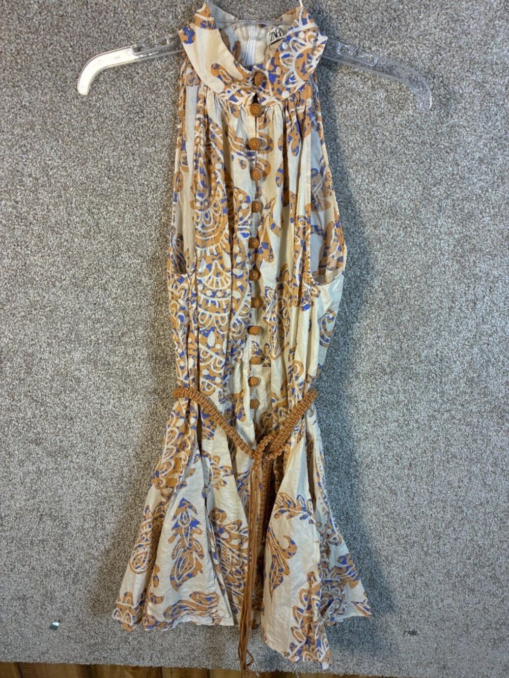Zara Women’s M Printed Midi Maxi Dress Button Front Rope Belt Boho Cream Blue